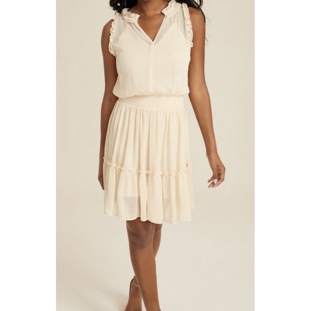 Maurices Sleeveless Dress Ruffled Trim Elastic Waist Sheer Overlay Cream Size L
